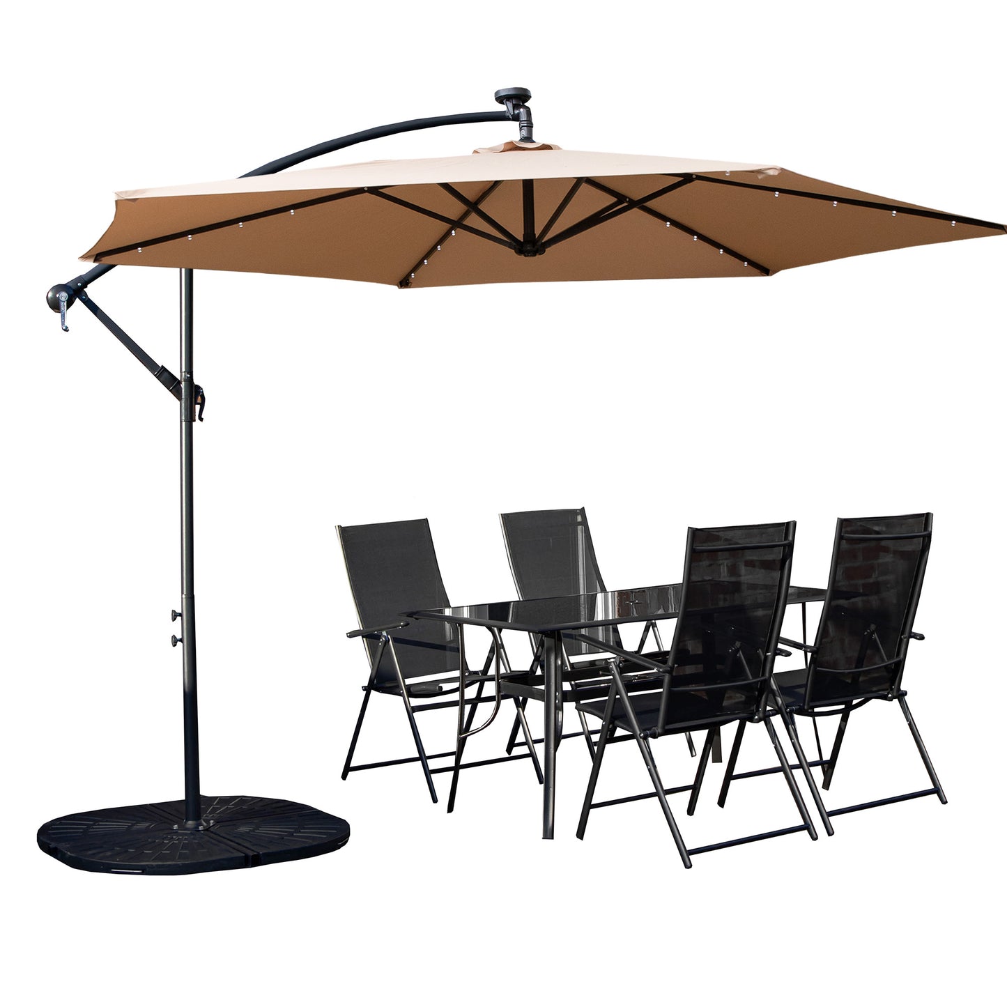 Outdoor 4 Person Rectangular Glass Top Garden Dining Table Chairs With Beige Banana Lit Parasol and Base Set