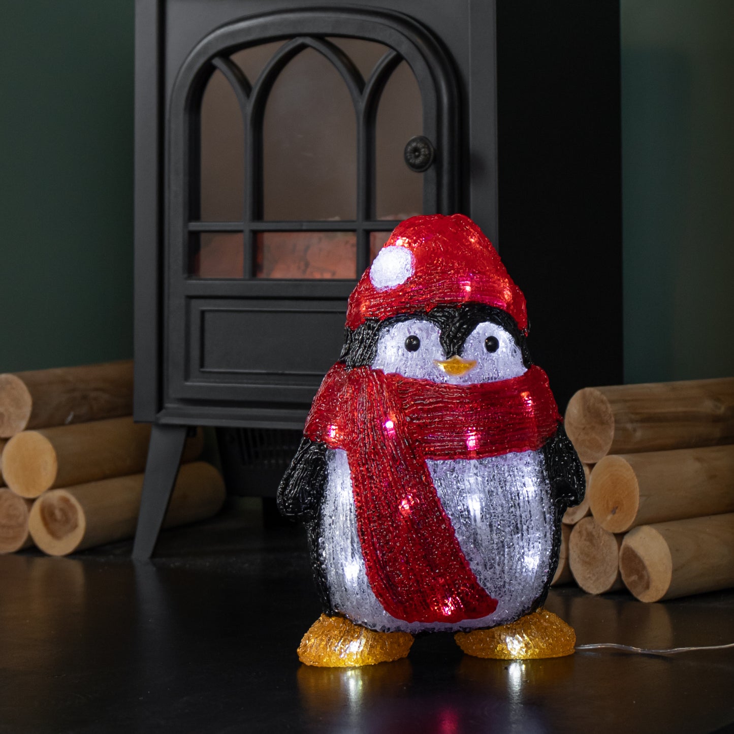 30cm Light up Acrylic Christmas Penguin with Scarf and 30 White LEDs