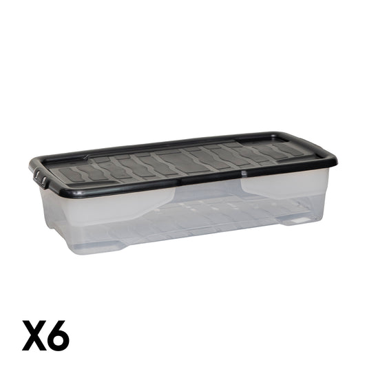 6 x 42L Clear Under Bed Storage Box with Black Lid, Stackable and Nestable Design Storage Solution