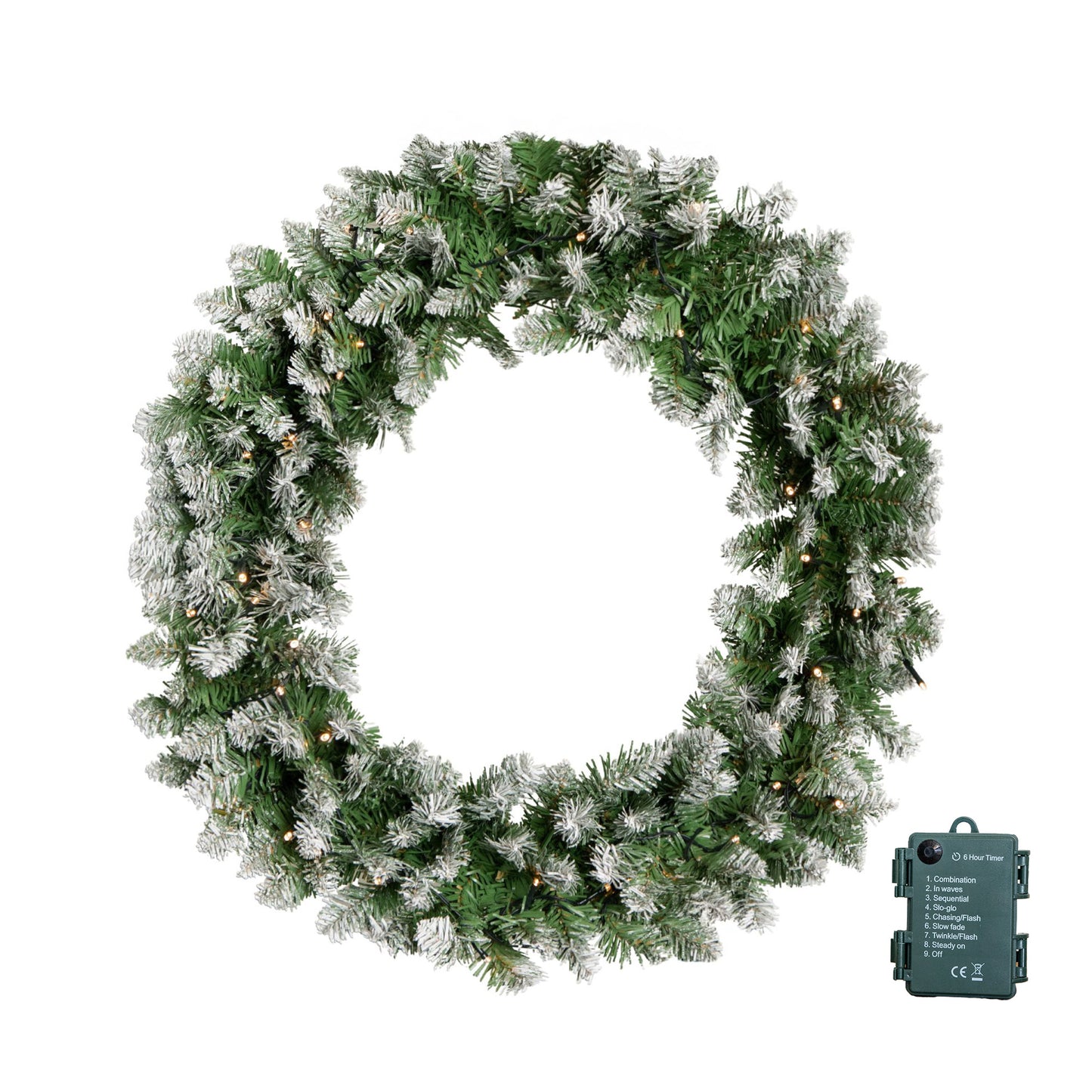 60cm Snow Tipped Christmas Wreath with 50 Warm White LEDs and 160 Bullet Tips