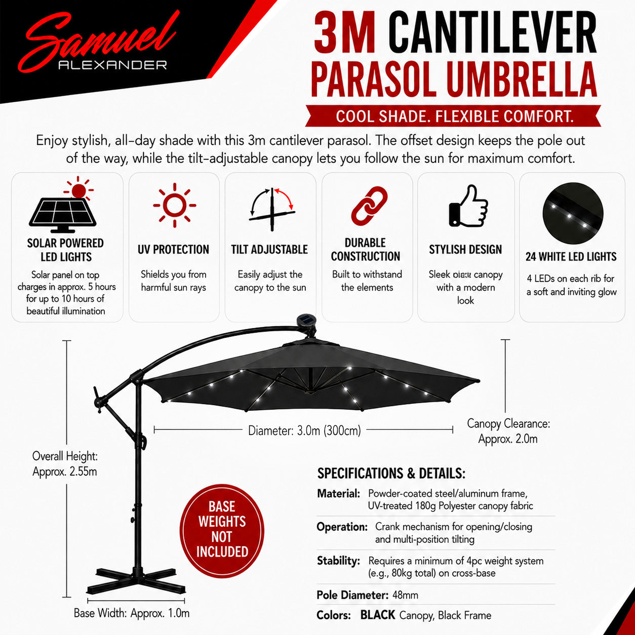 Samuel Alexander 3m Solar Powered Cantilever Lit Banana Garden Parasol with Crank Handle & White LED Lights in Black