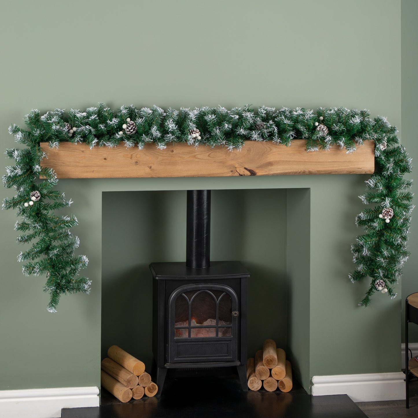 2.7m (9ft) Green Snow Tipped Christmas Garland with White Berries and Pine Cones