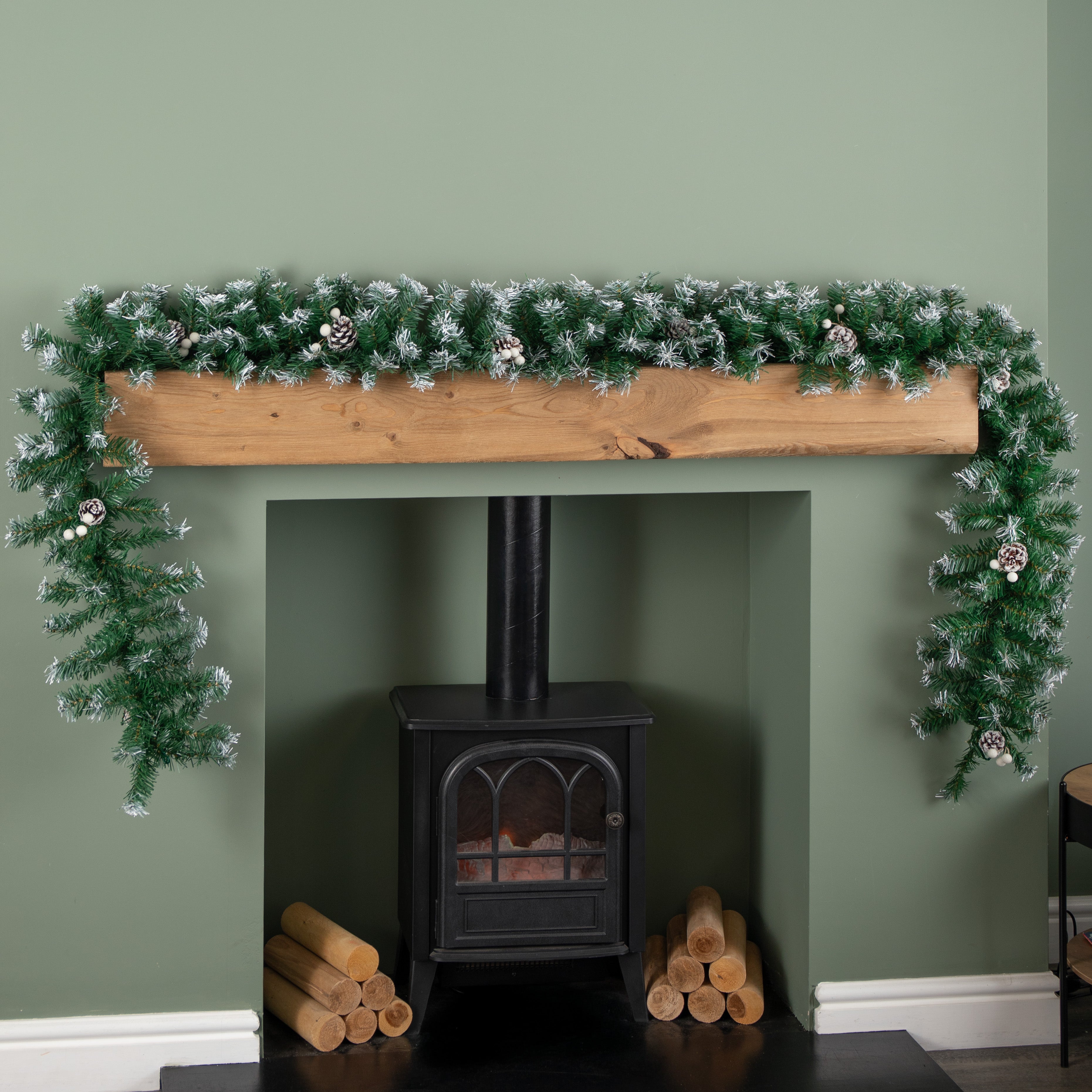 2.7m (9ft) Green Snow Tipped Christmas Garland with White Berries and Pine Cones
