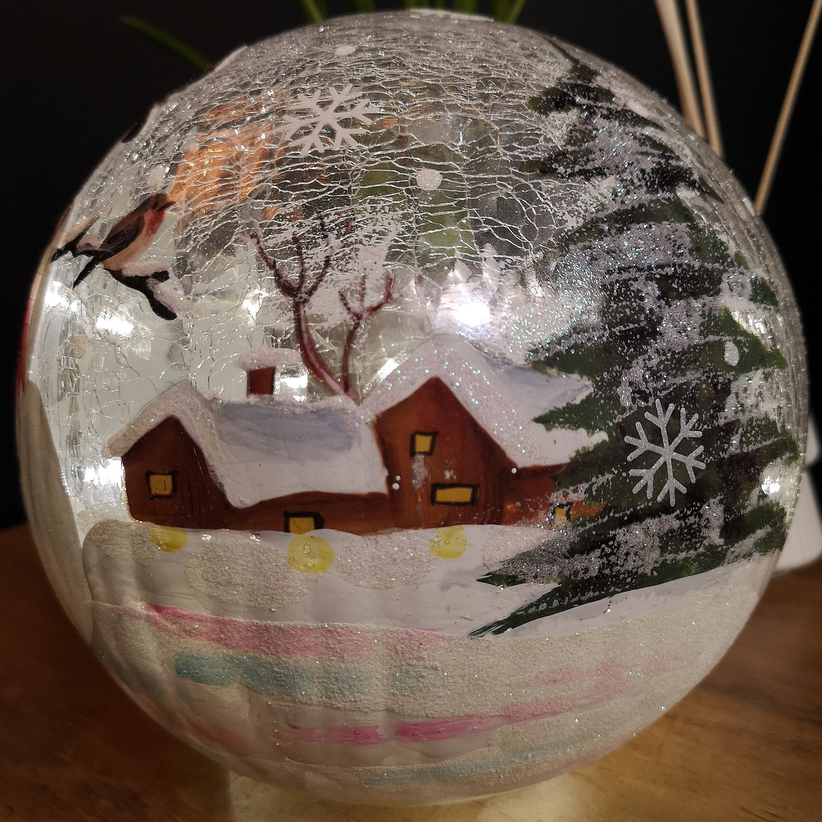 20cm Battery Operated Warm White LED Crackle Effect Ball Christmas Decoration with Snowman