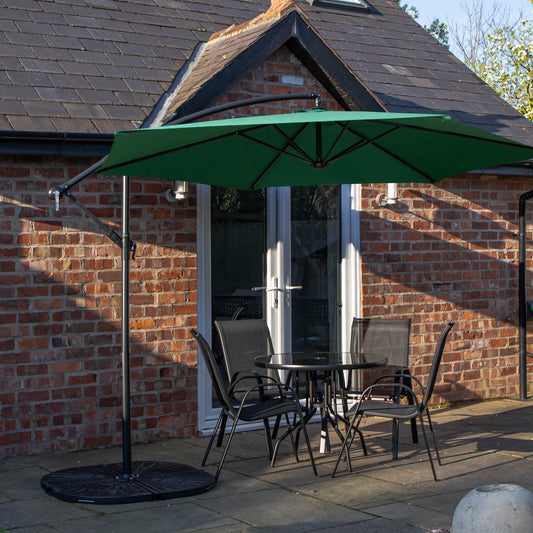 Outdoor 4 Person Round Glass Top Garden Dining Table Chairs With Green Banana Parasol and Base