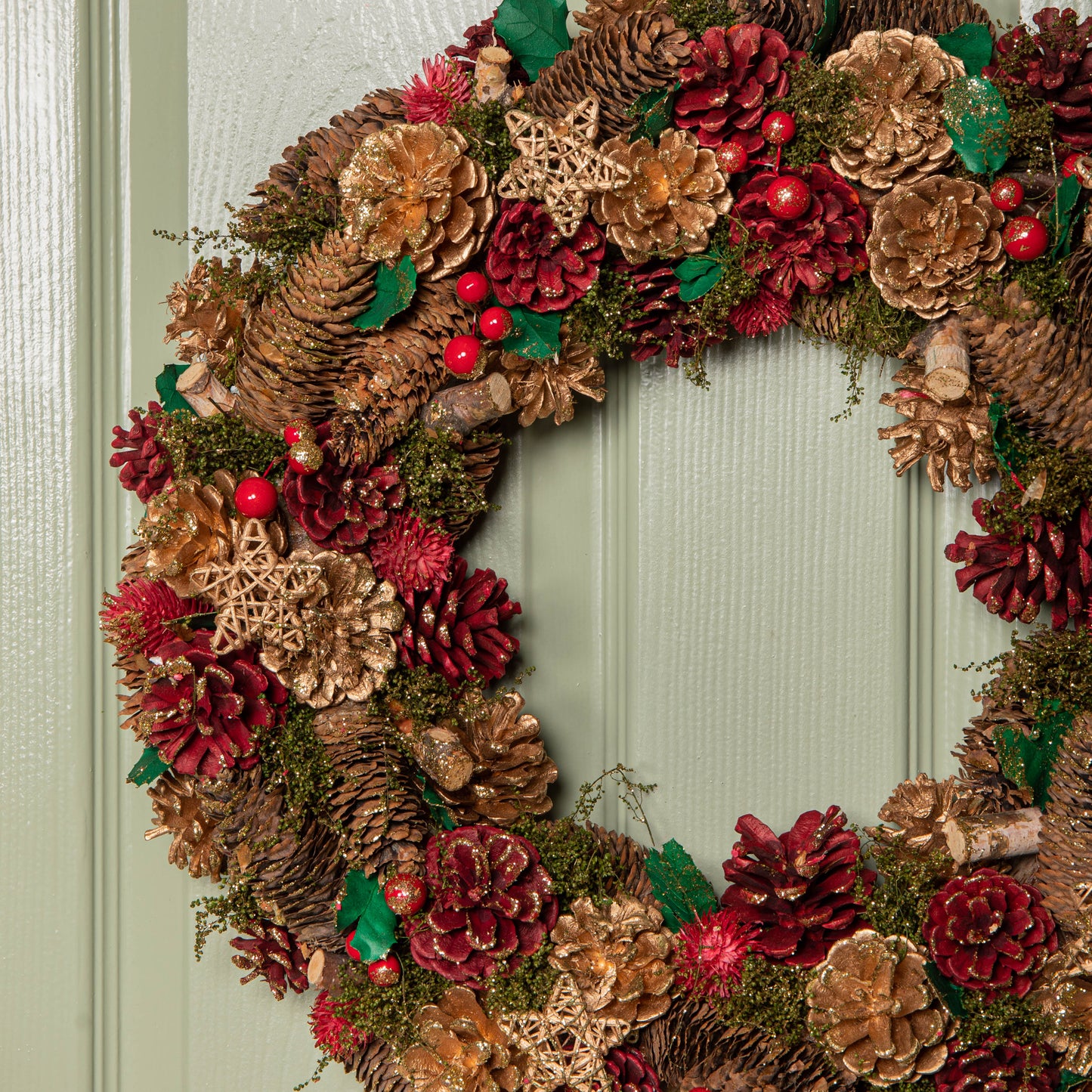50cm Red Hanging Christmas Wreath with Red Berries and Pinecones 