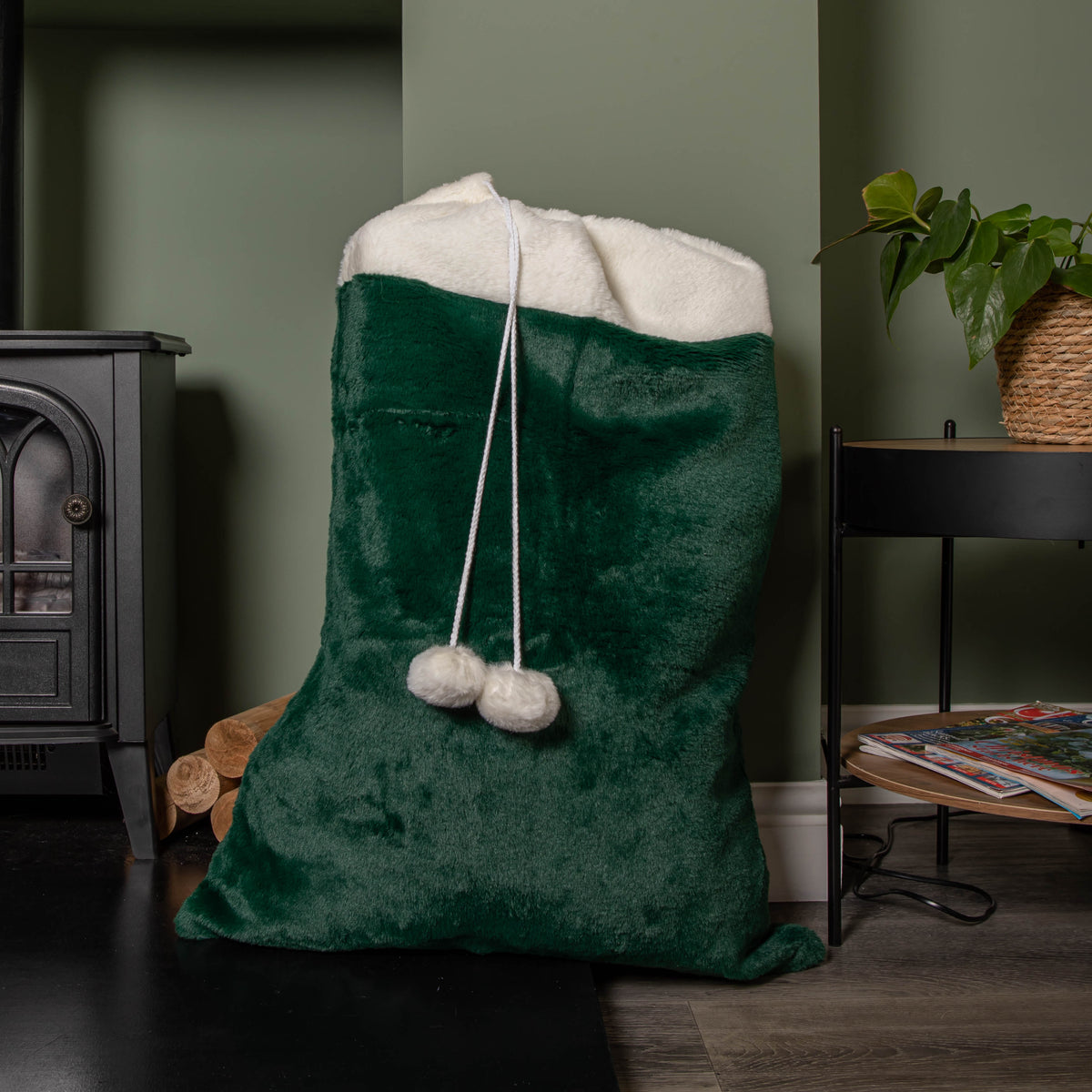 80x55cm Green Christmas Sack with White Cuff and Pom Poms
