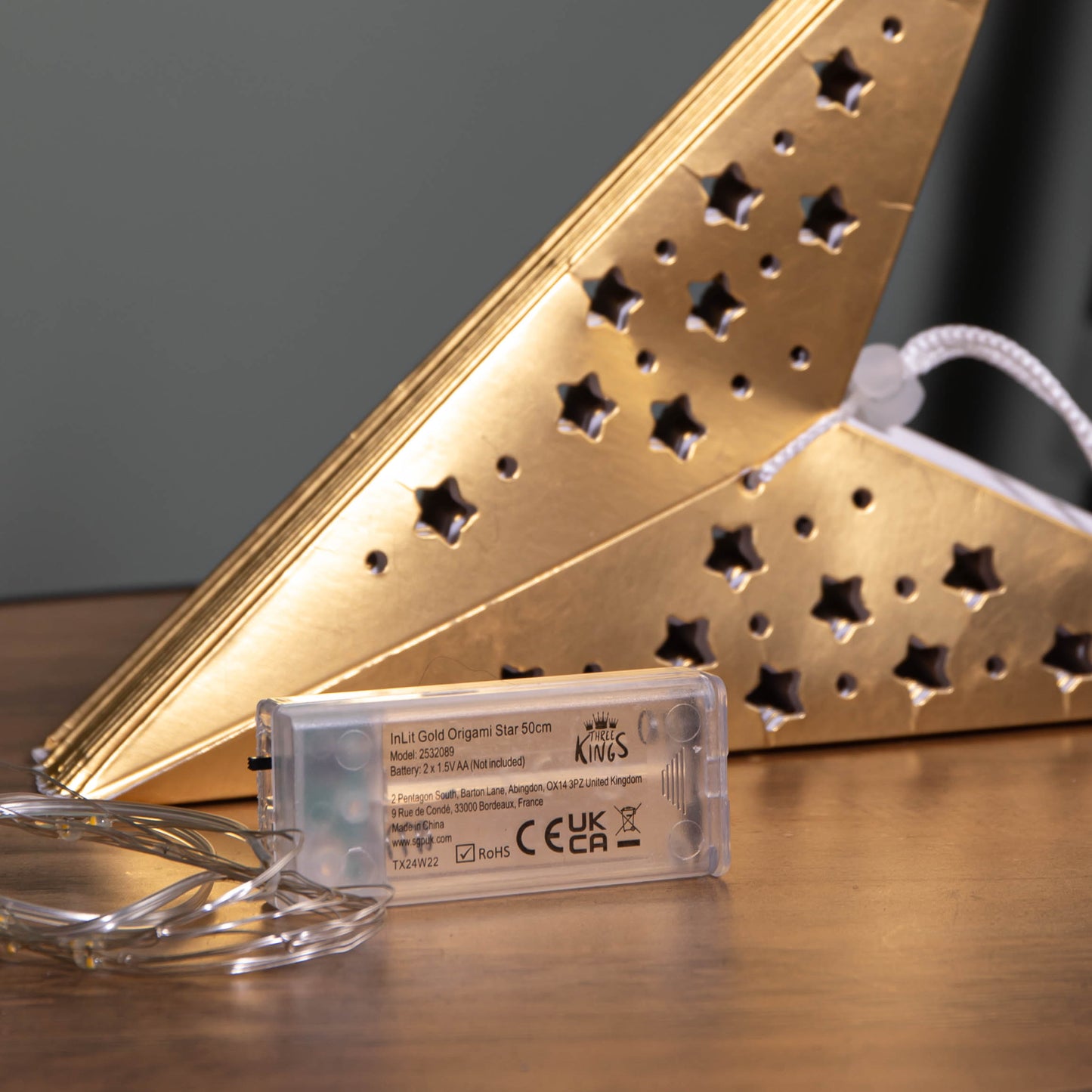 50cm Battery Powered Light up Gold Origami Hanging Christmas Star with LEDs