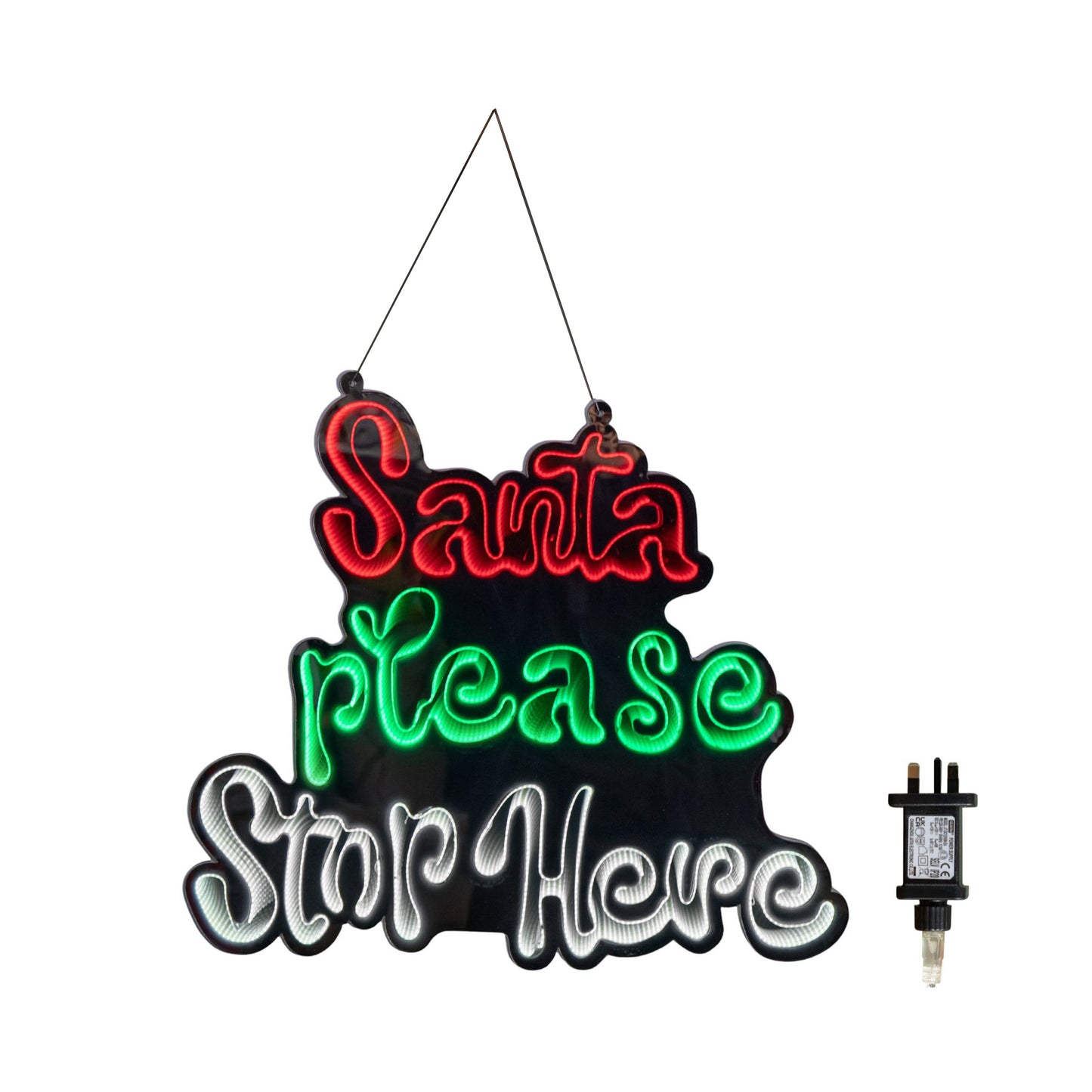 40cm Light up Hanging Santa Stop Here Christmas Infinity Mirror Light with Multi-Coloured LEDs