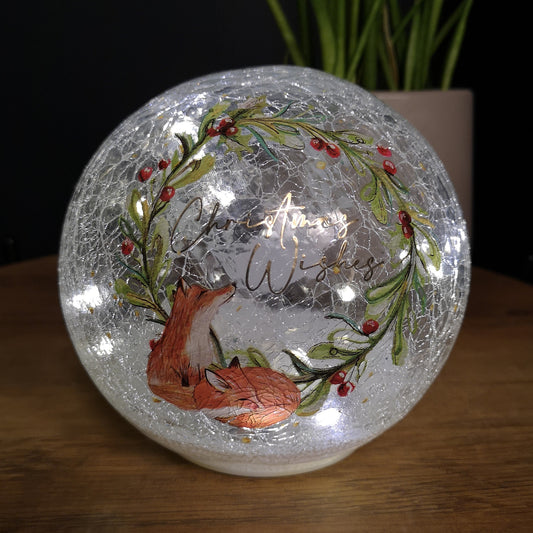 15cm Battery Operated Warm White LED Crackle Effect Ball Christmas Decoration with Christmas Wishes and Fox