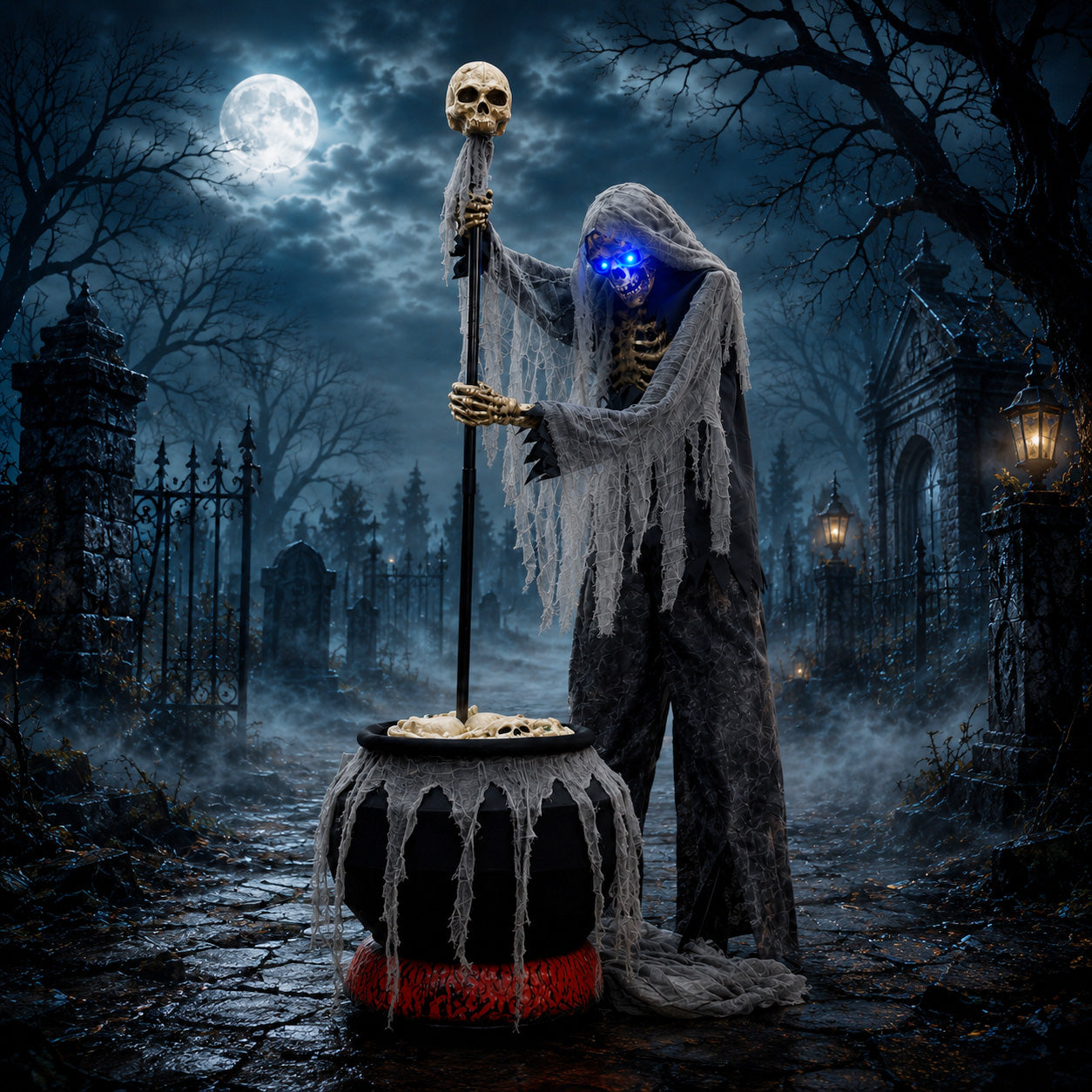 6ft Tall Animated Stirring Cauldron Creep Skeleton Halloween Decoration with LED Eyes