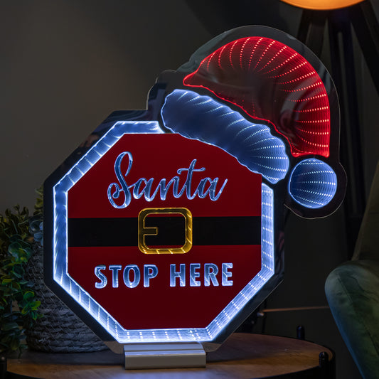 40cm Light up Christmas Santa Stop Here Sign with Hat Infinity Decoration & LEDs
