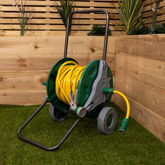 25m Reinforced Garden Hose Pipe and Spray Gun Trolley Set