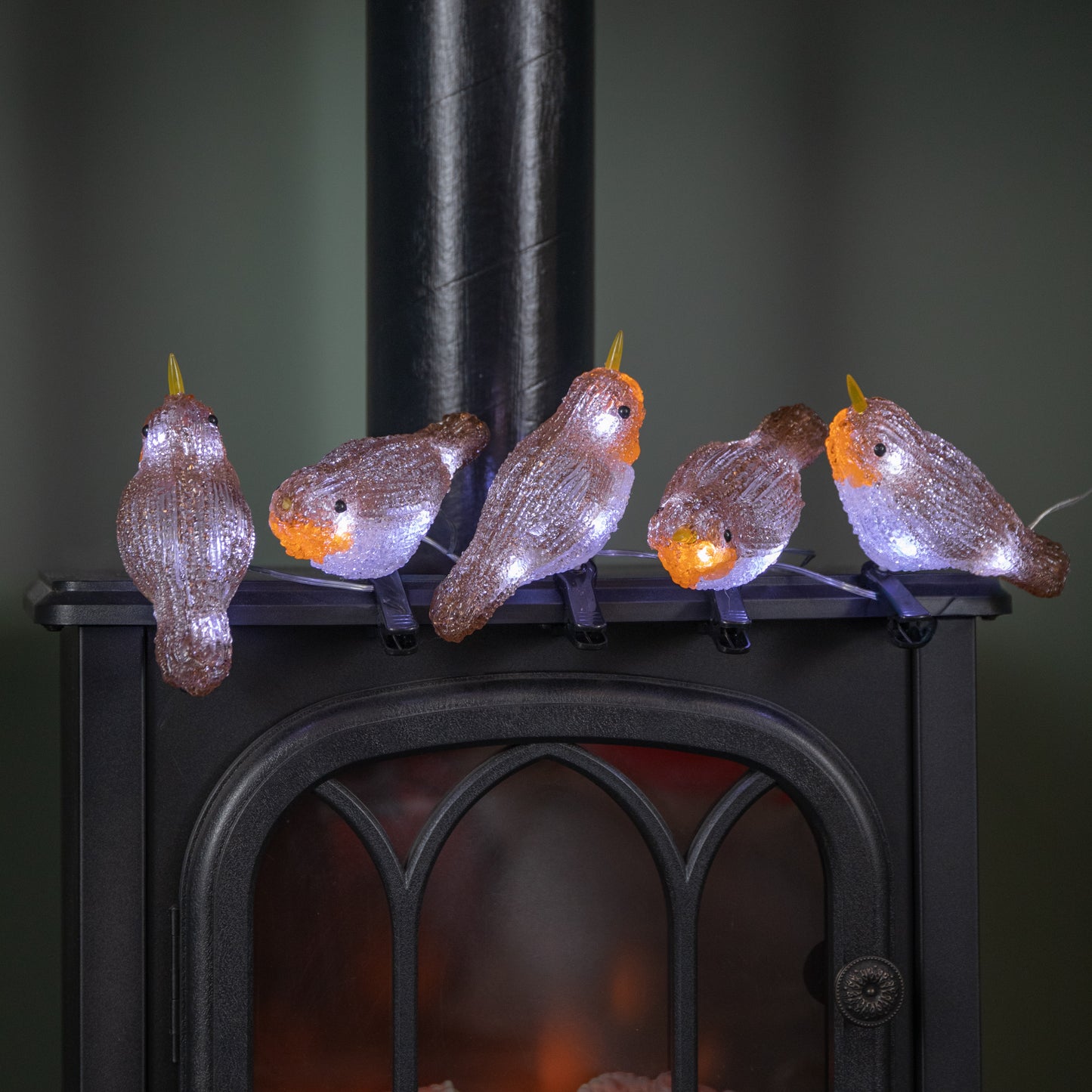 Set of 5 Light up Acrylic Christmas Robin Decoration with 30 Ice White LEDs