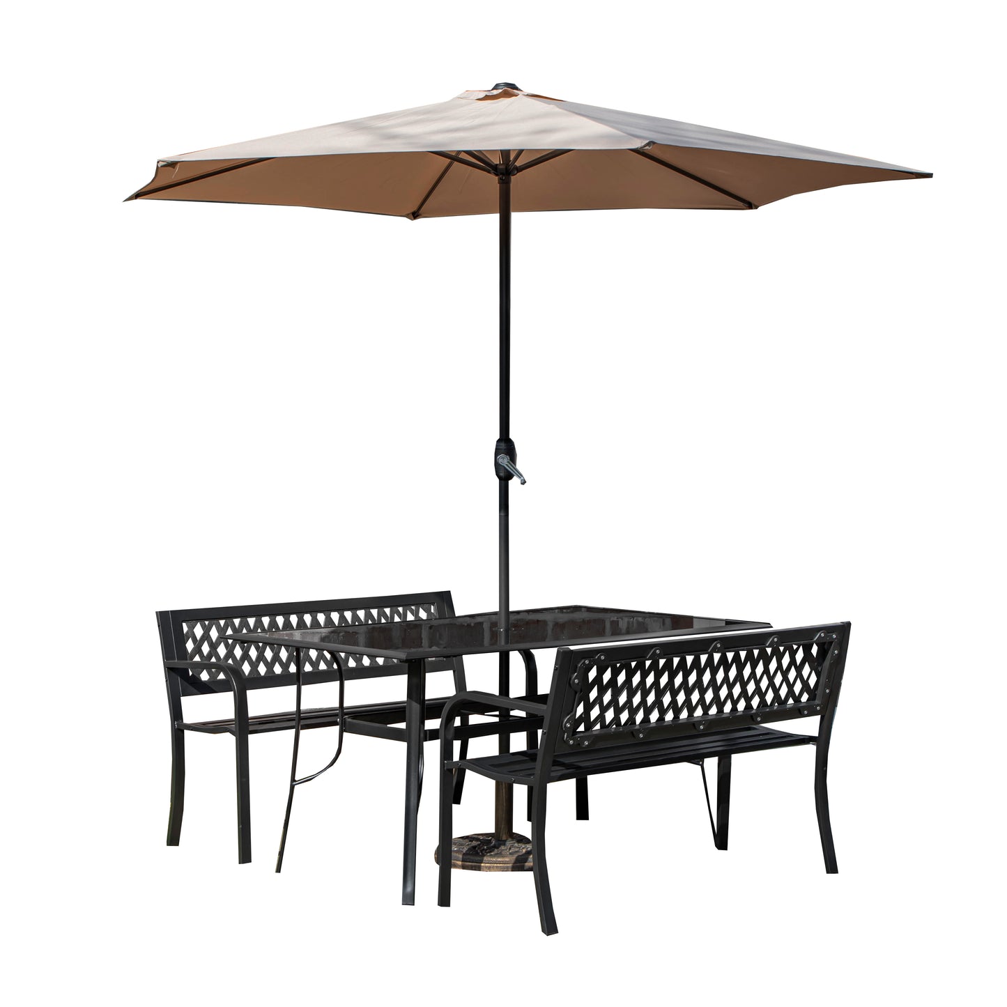 Outdoor 4 Person Rectangular Glass Top Garden Dining Table Benches With Beige Havana Parasol and Base Set