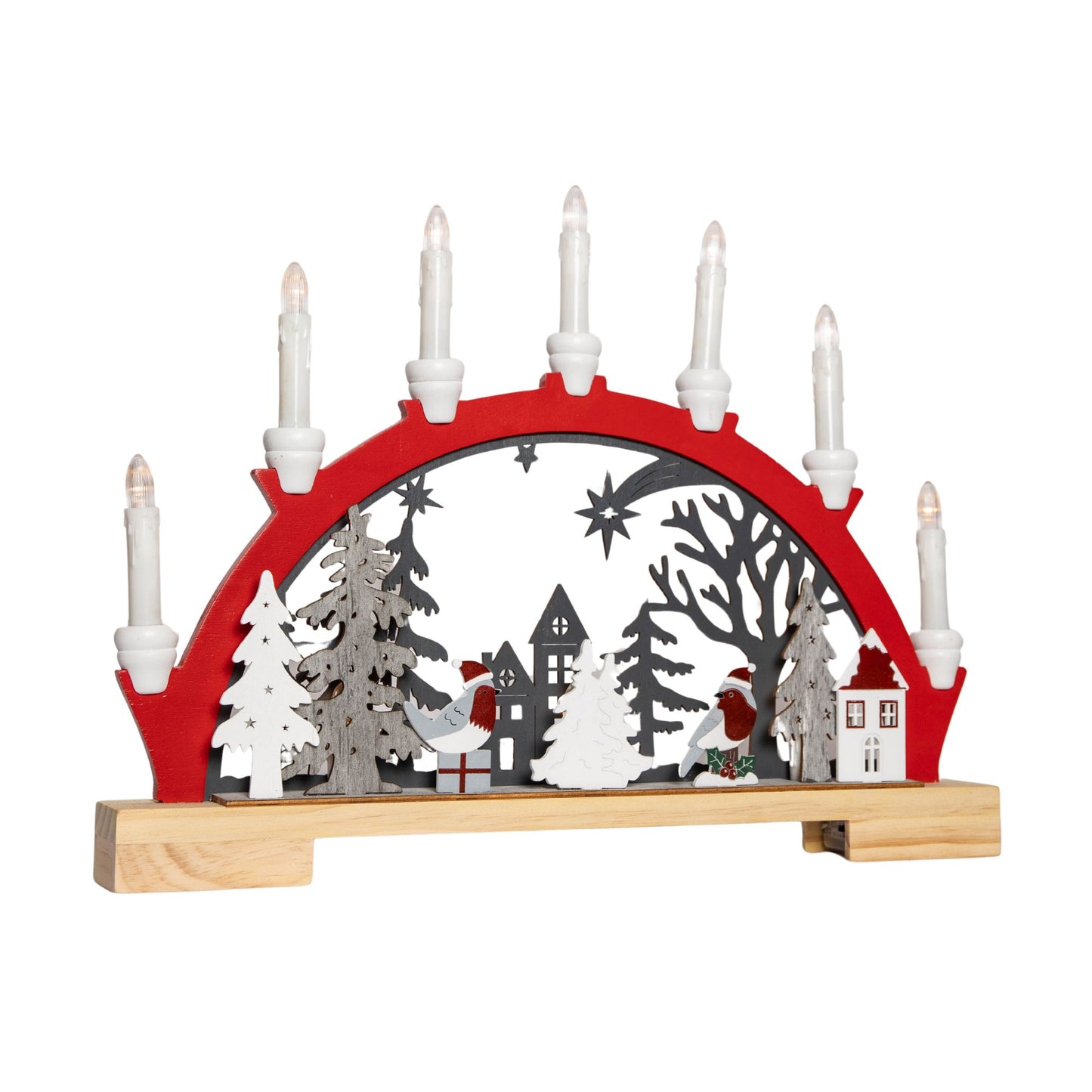 45cm Battery Operated Light up Red Wooden Christmas Candle Bridge with 9 Warm White LEDs