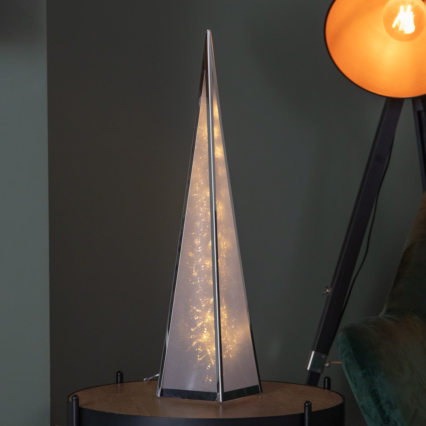 60cm Light up Silver Holographic Christmas Pyramid with 16 Warm White LEDs