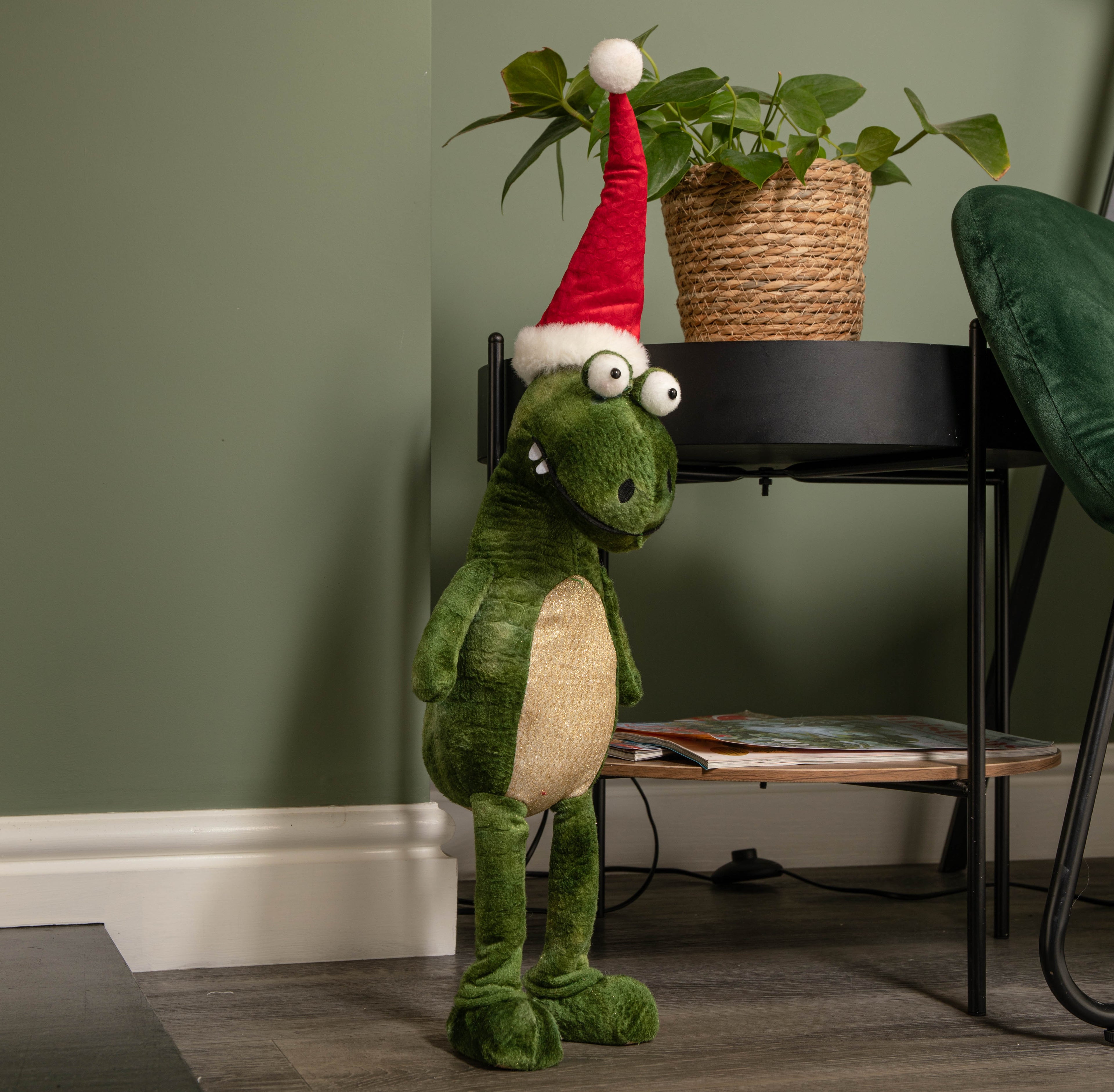 60cm Green Standing Christmas Dinosaur with Santa Hat