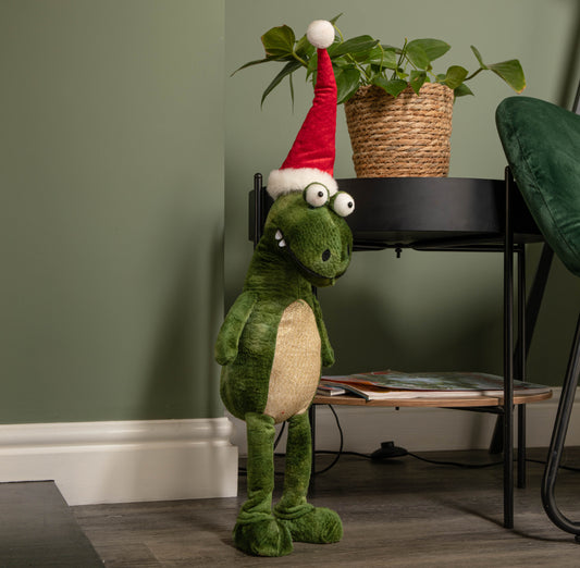 60cm Green Standing Christmas Dinosaur with Santa Hat