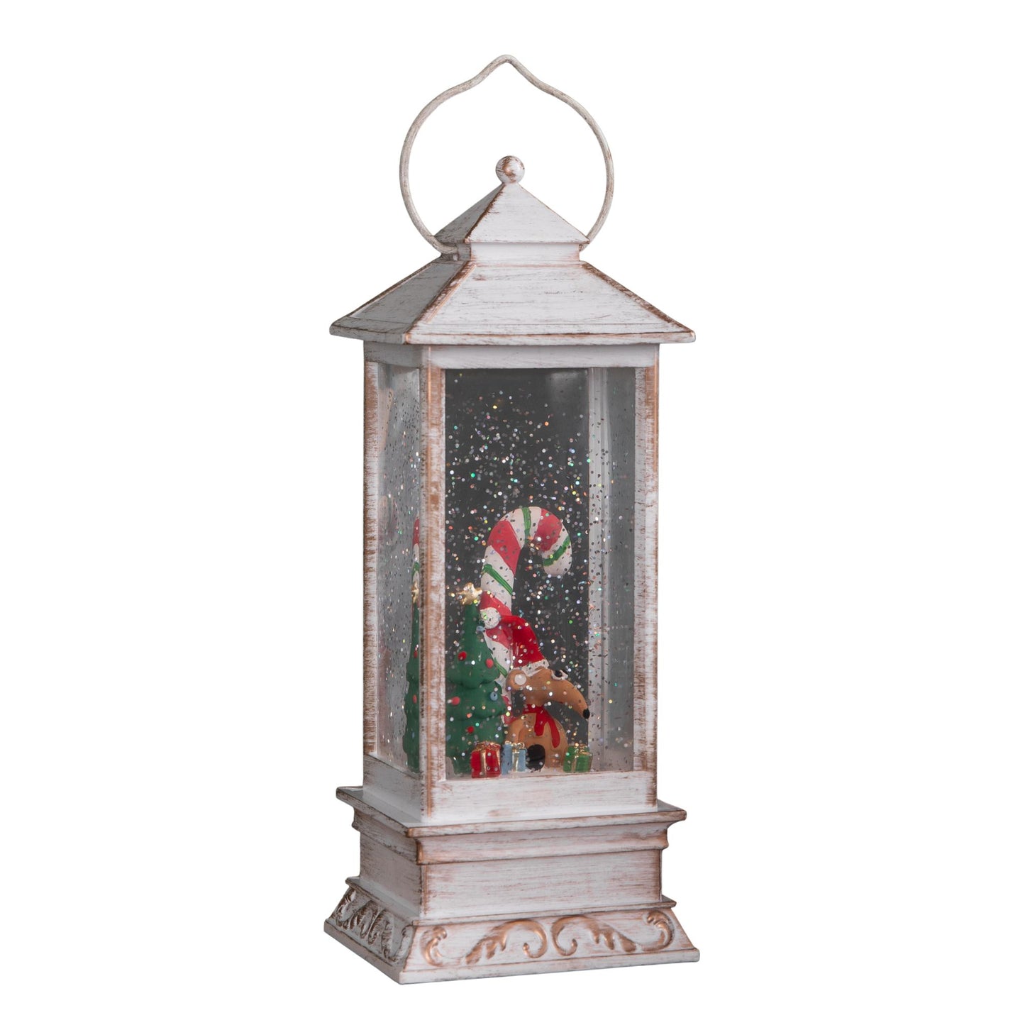 29cm Battery Powered Light up Antique Lantern Christmas Water Spinner with Snowy Mouse Scene