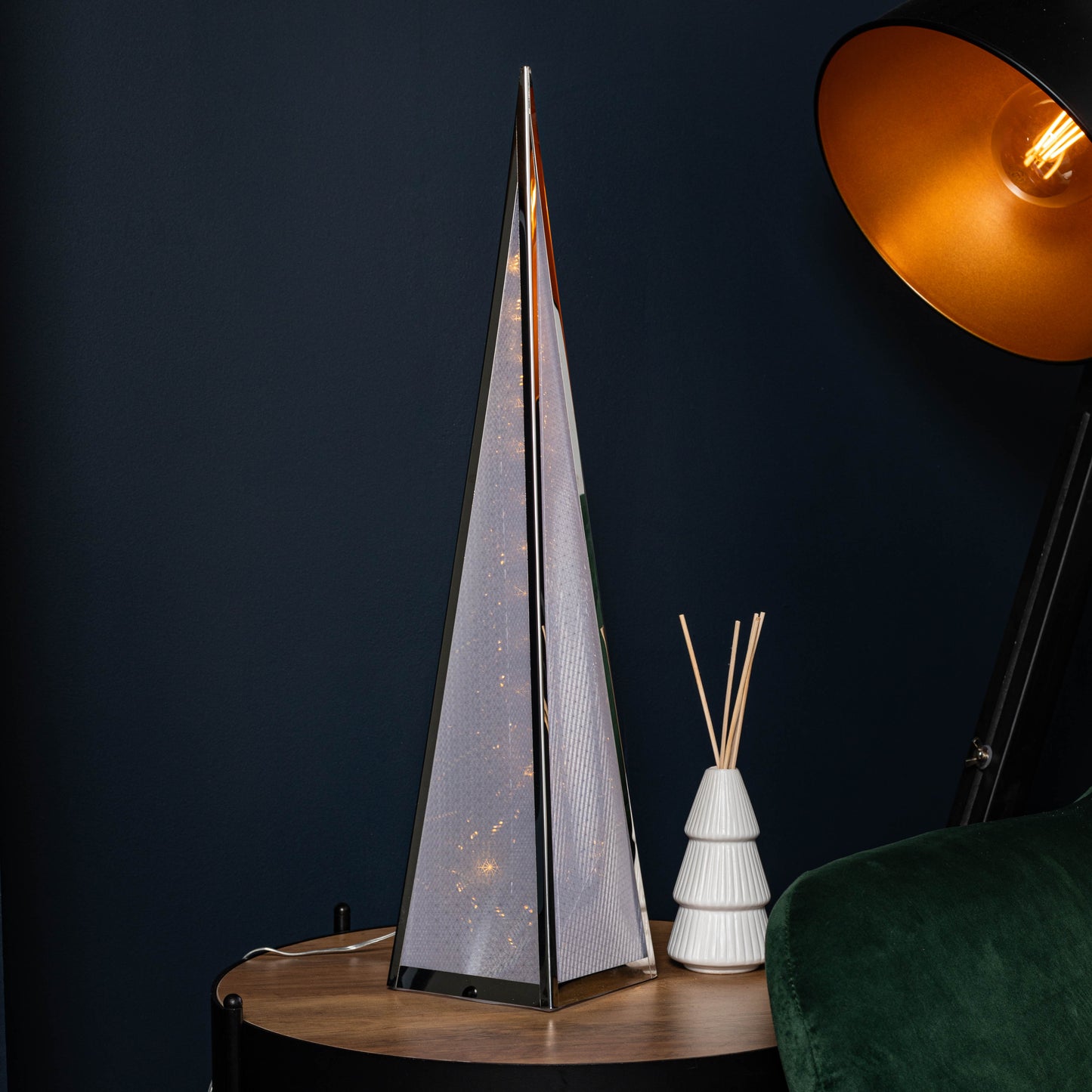 60cm Light up Silver Holographic Christmas Pyramid with 16 Warm White LEDs