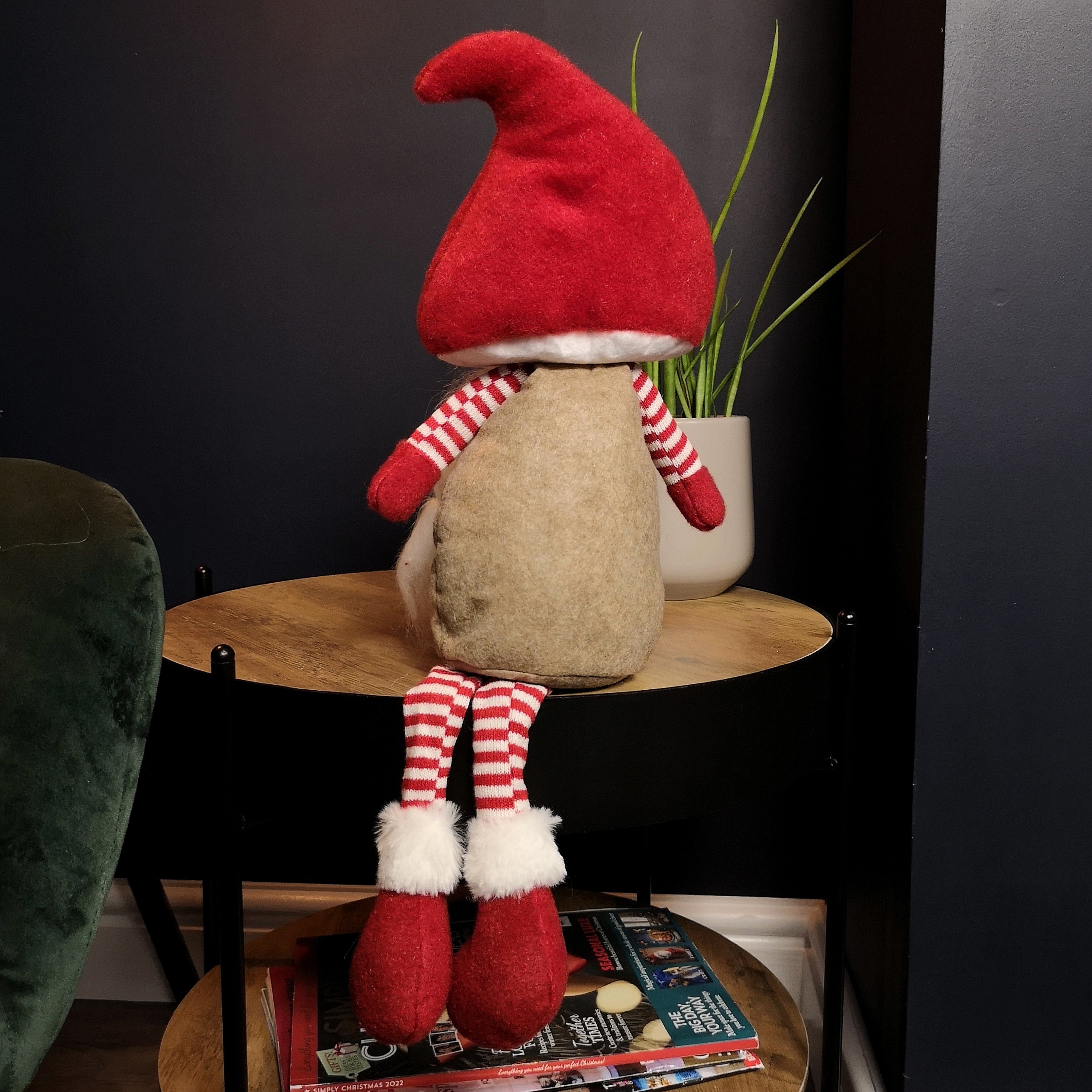 53cm Stripey Red Plush Sitting Christmas Girl Gonk with Dangly Legs and Mushroom Hat