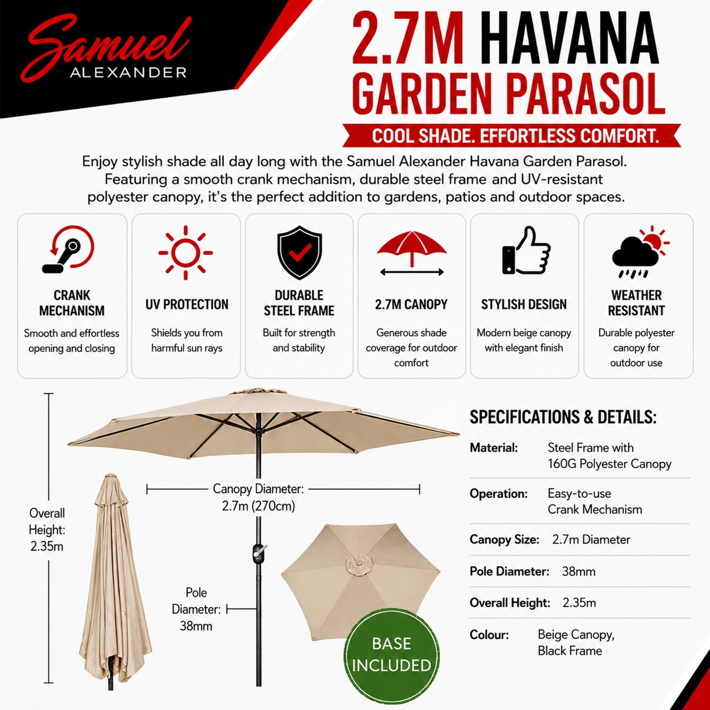 Choice of Colour Samuel Alexander 2.7m Havana Parasol with Crank Handle with 9kg Base Included