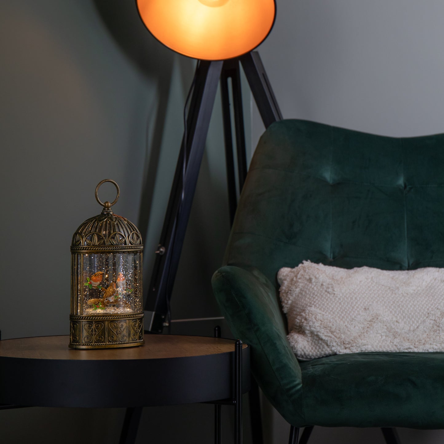 24cm Dual Powered Light up Christmas Cage Water Spinner with Robin Scene & LEDs