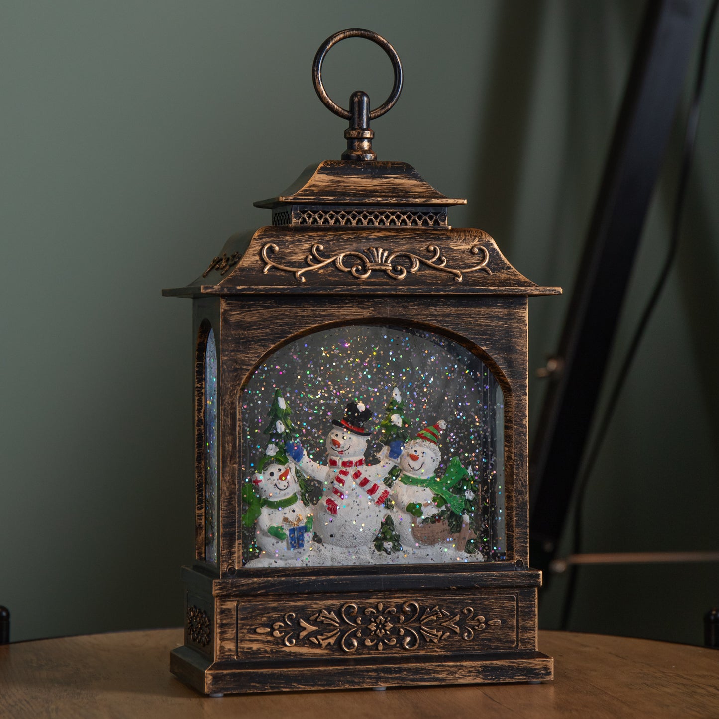 28cm Bronze Light up Christmas Snowman Water Spinner with Warm White LEDs and TImer Function