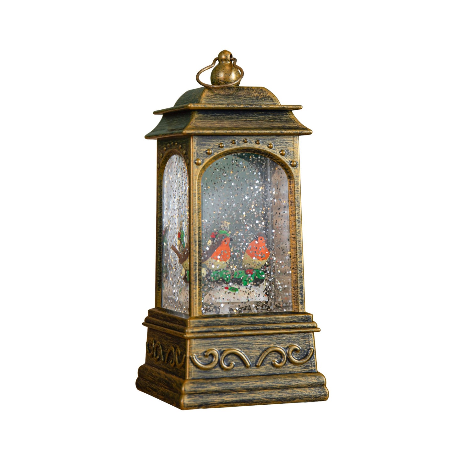 21cm Battery Operated Christmas Robin Scene Glitter Water Spinner Lantern Decoration