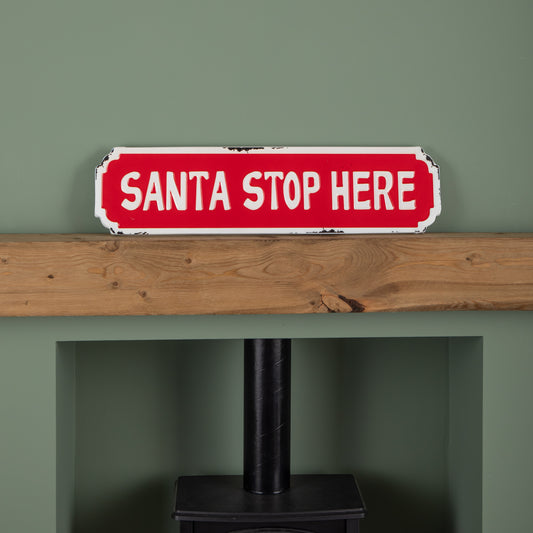 71cm Red and White Santa Stop Here Hanging Metal Christmas Decoration Sign