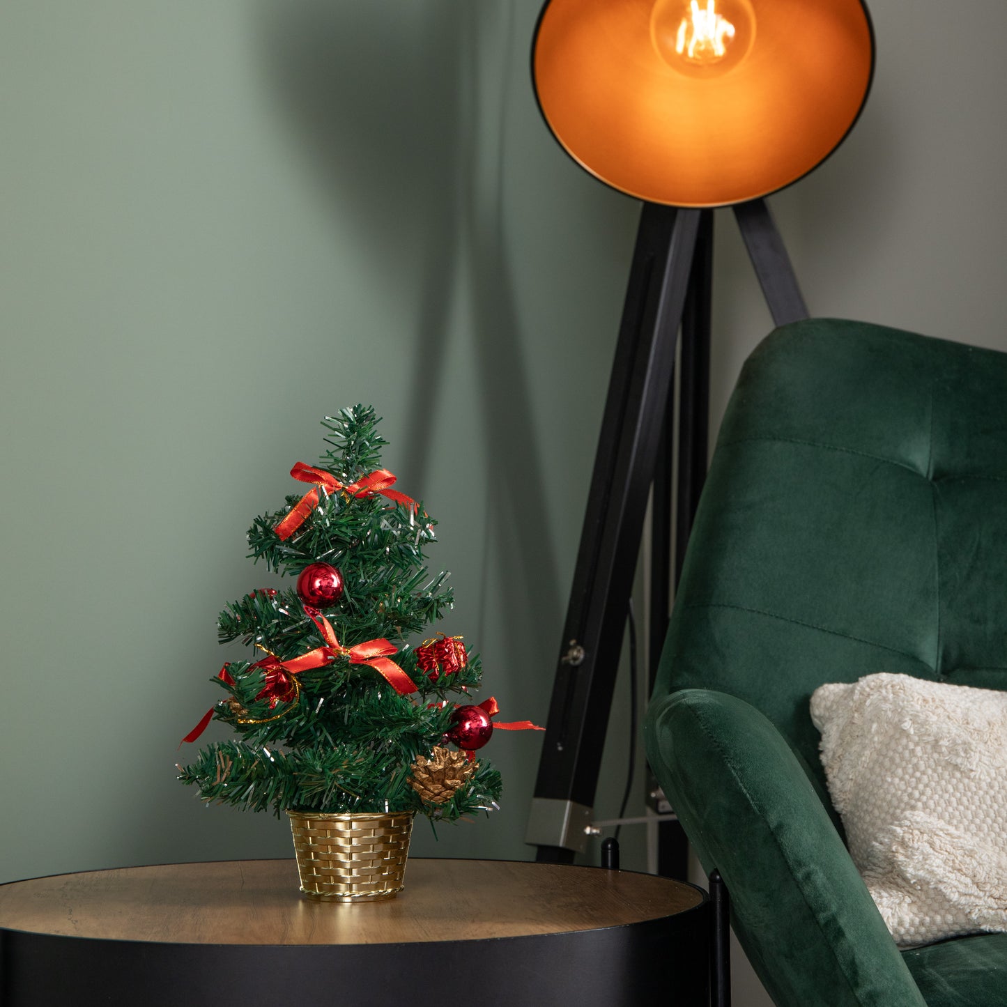 30cm Mini Pre-Decorated Christmas Tree in Gold Pot with Red Baubles