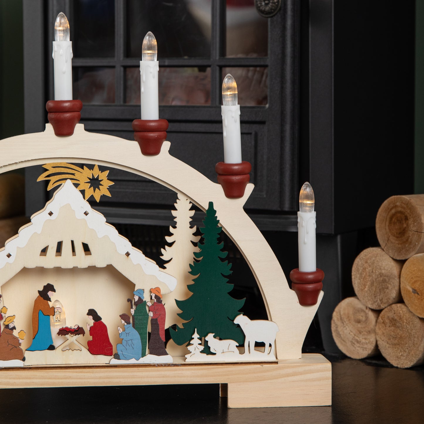 33cm Battery Operated Wooden Christmas Candle Bridge with Nativity Scene and LEDs