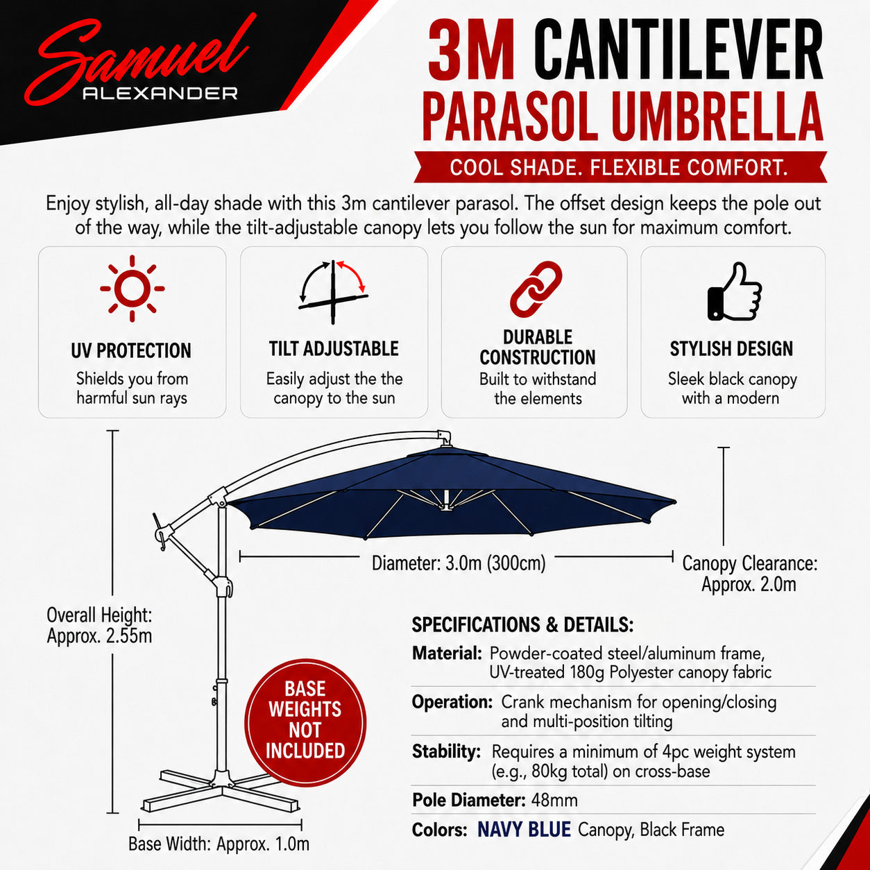 3m Hanging Banana Cantilever Garden Parasol with Cover in Blue