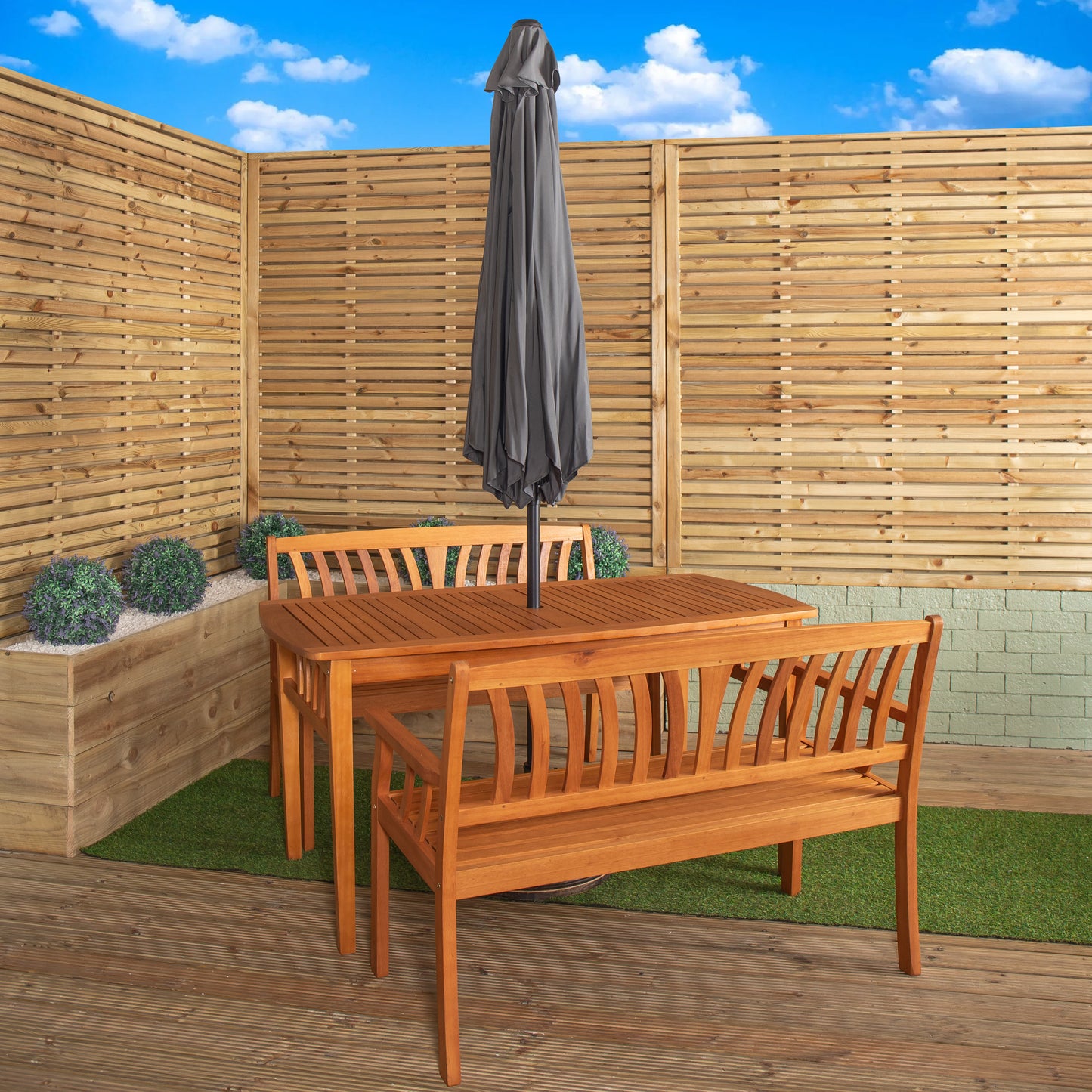 Outdoor 4 Person Rectangular Wooden Dining Table 2 Benches with Grey Havana Parasol & Base