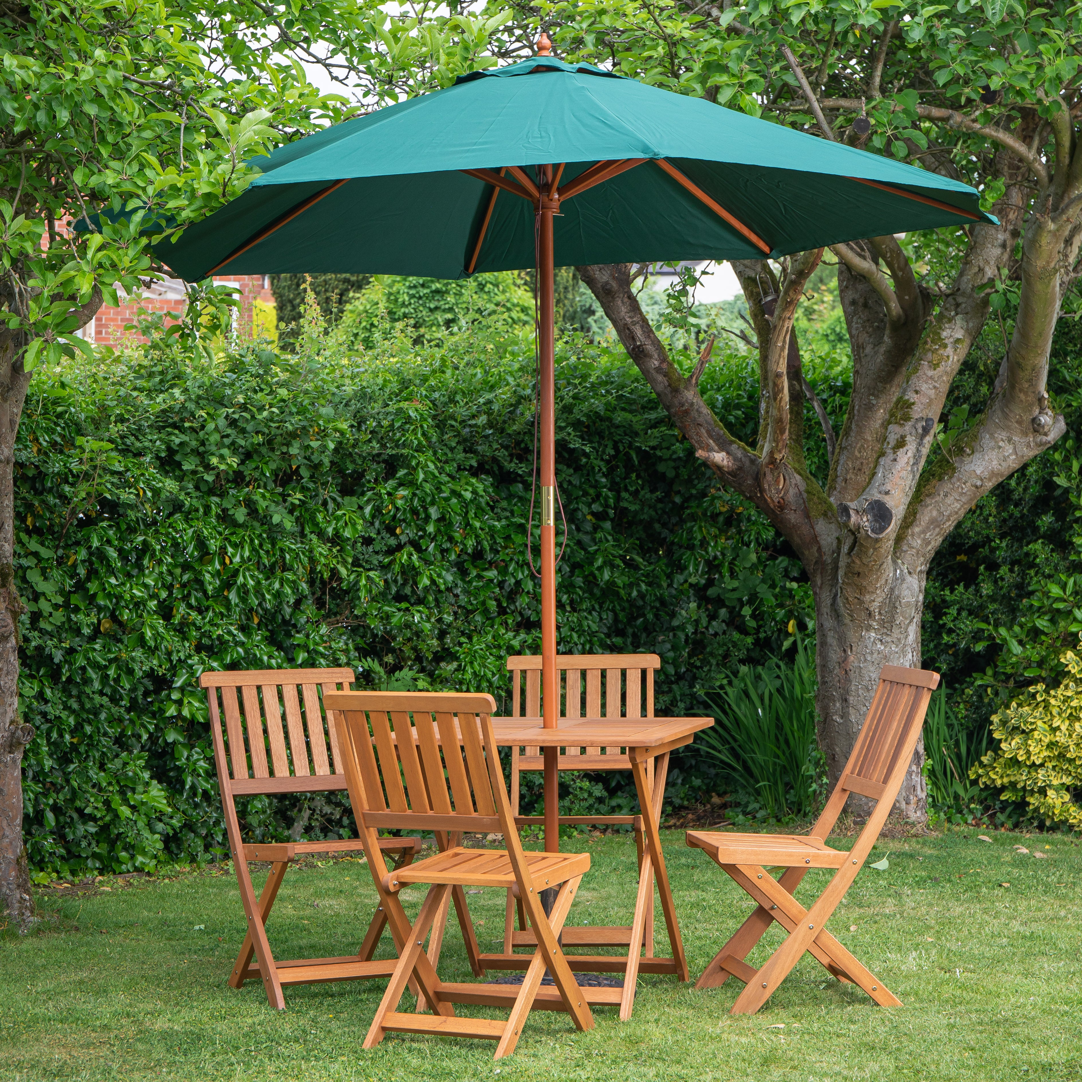 Outdoor 4 Person Folding Square Wooden Garden Dining Table Chairs Green Parasol and Base Set