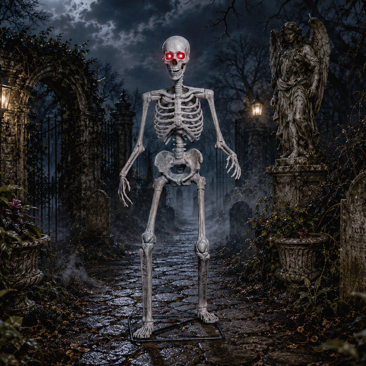 5ft (1.5m) Full Body Halloween Standing Skeleton with Posable Joints & Red LED Eyes