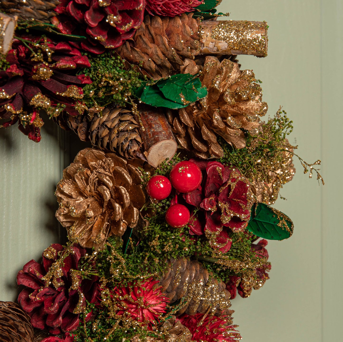 36cm Red Hanging Christmas Wreath with Red Berries and Pinecones 