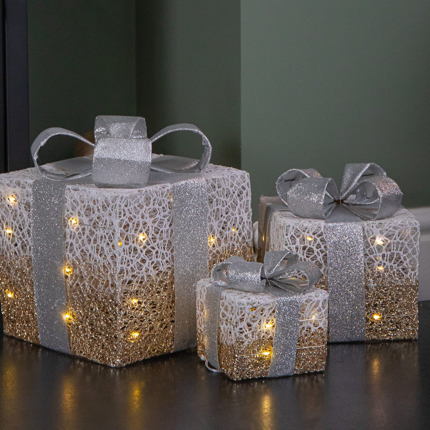 Set of 3 Battery Operated Gold Sparkly Christmas Gift Boxes with LEDs