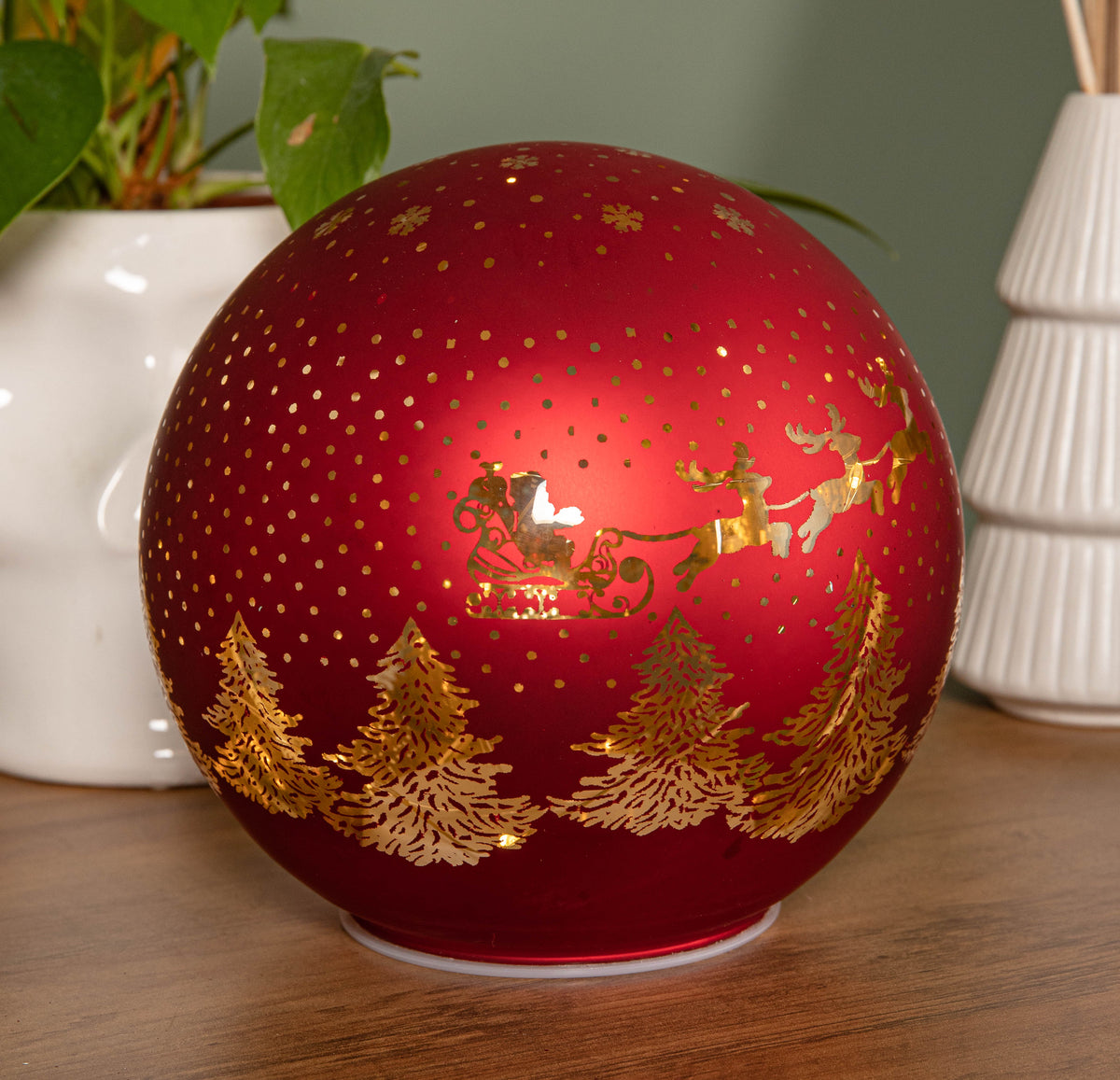 15cm Battery Operated Light up Santa Glass Ball in Red with Warm White LEDs