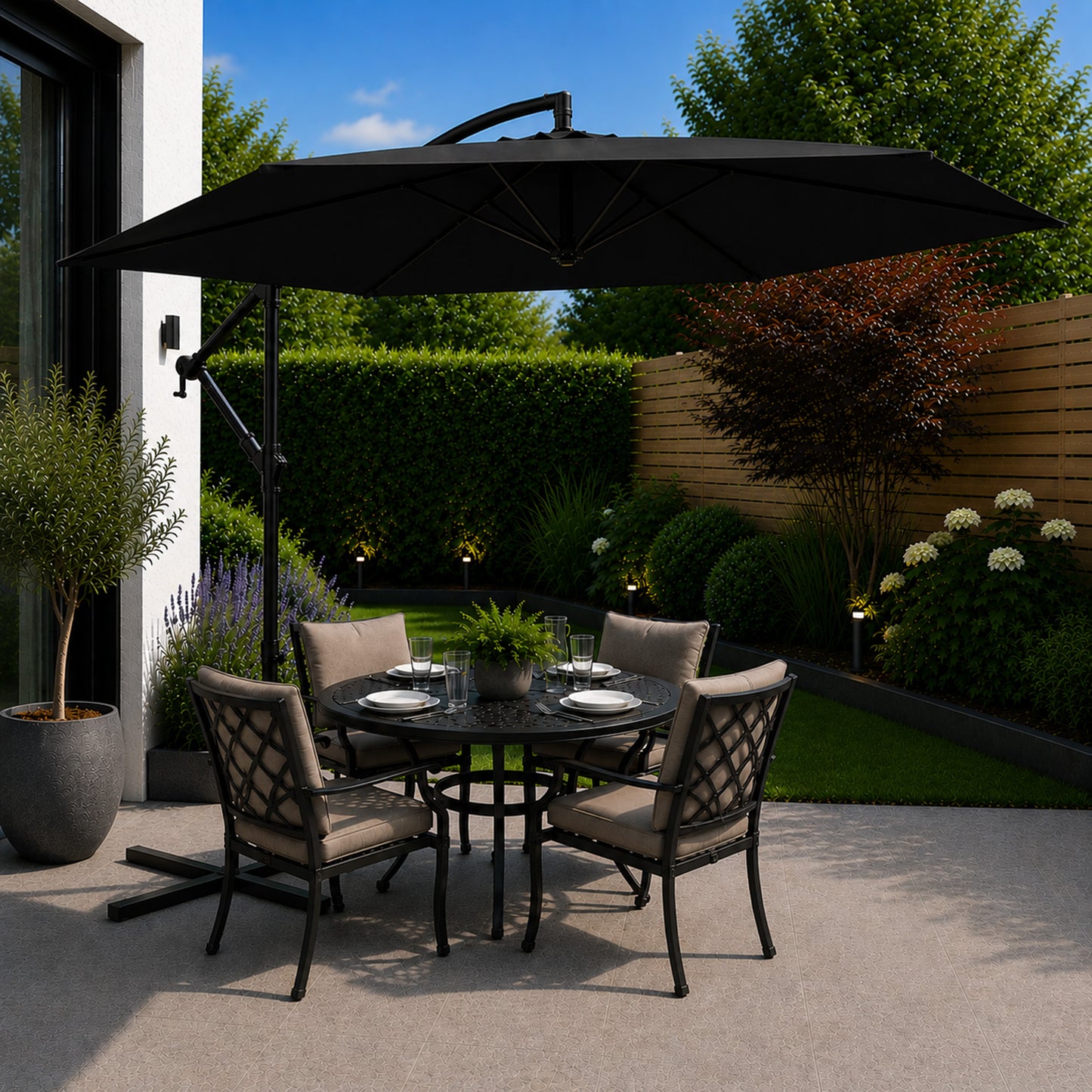 Samuel Alexander 3m Cantilever Parasol in Black with Crank Handle for Patio Garden Banana Parasol with UV Protection Outdoor Umbrella Sun Shades for Garden
