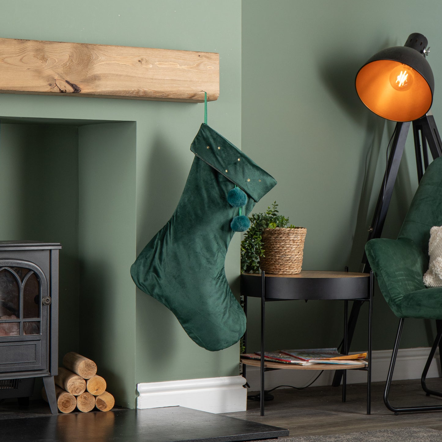 70cm Hanging Dark Green Velour Star Print Christmas Stocking with Pom Poms