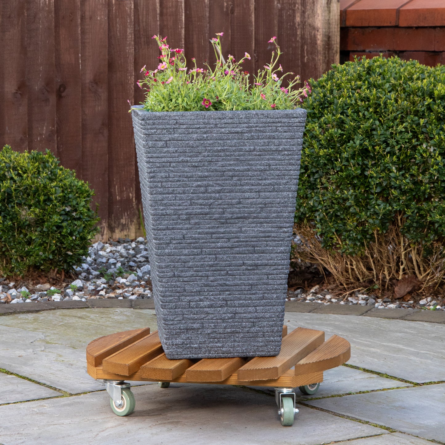 50cm Heavy Duty Traditional Wooden Plant Stand Trolley on Metal Castor Wheels