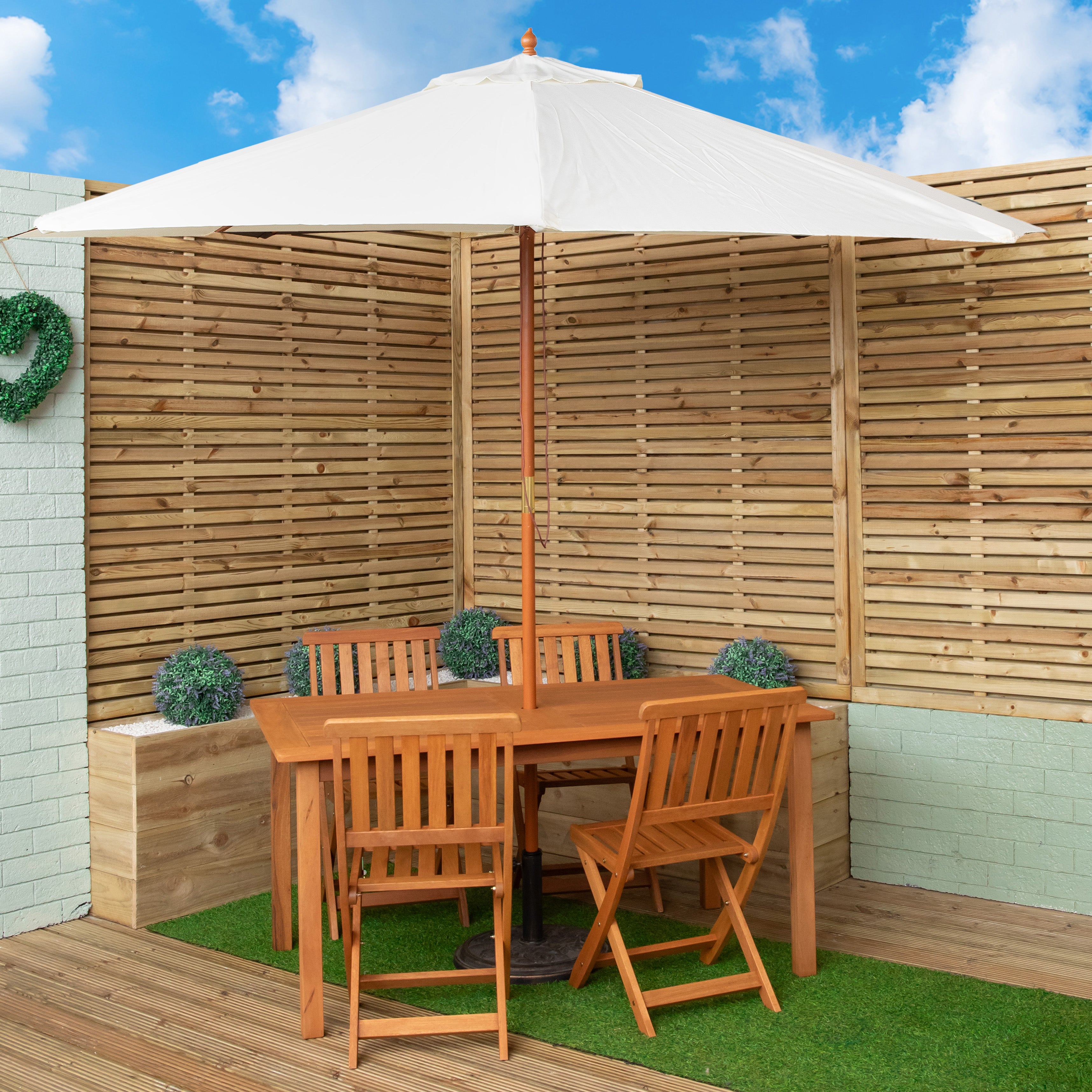 Outdoor 4 Person Rectangular Wooden Garden Dining Table Chairs with Cream Parasol and Base Set