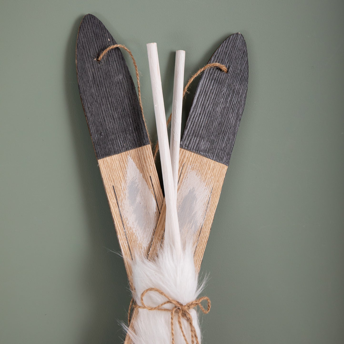 55cm Wooden Decorative Skis with White Fur & Bells Christmas Decoration
