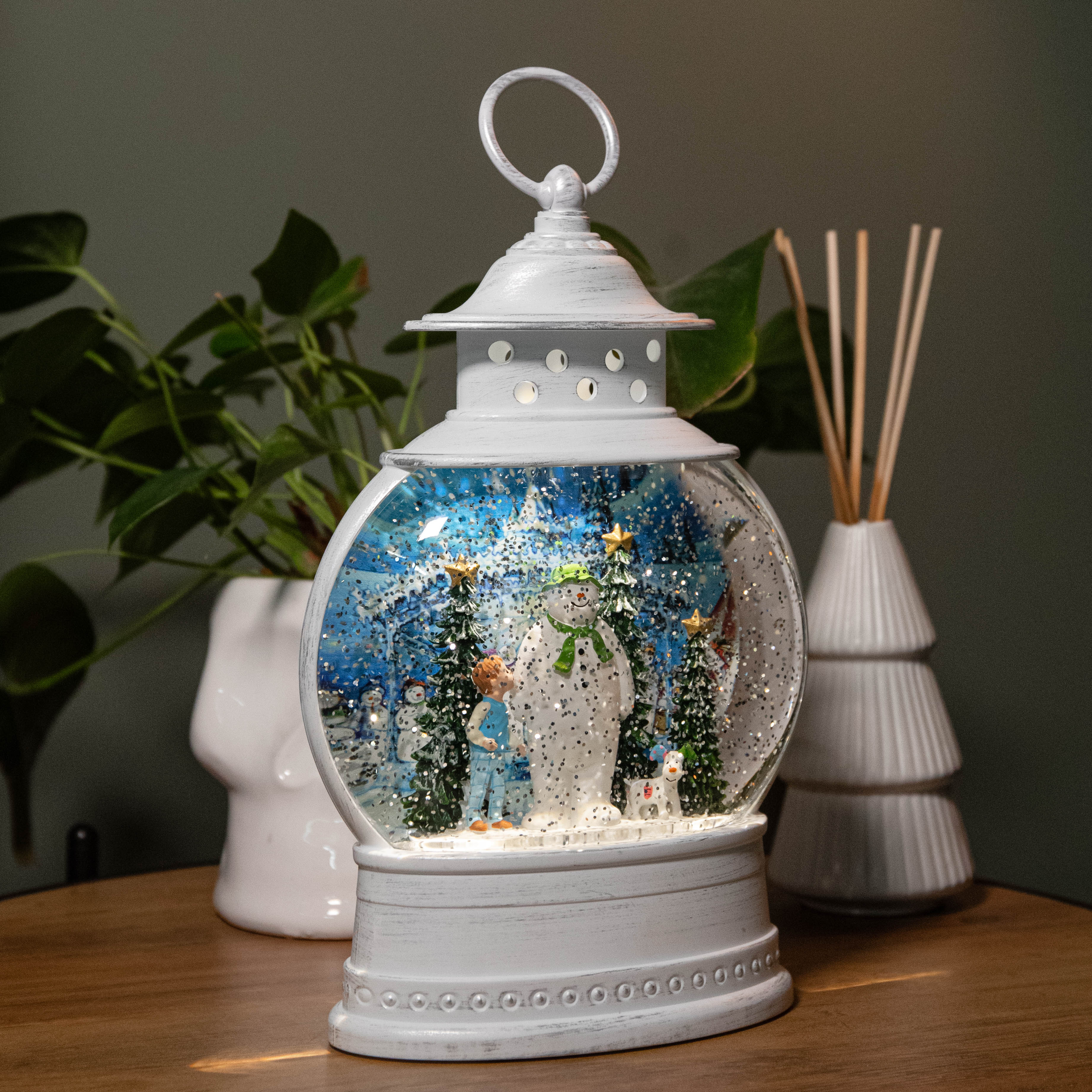 28cm White Light up The Snowman, Snowdog & Billy Christmas Water Spinner with LEDs