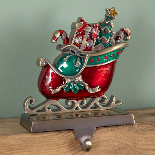 16cm Red and Green Santa Sleigh Christmas Stocking Holder with Hook