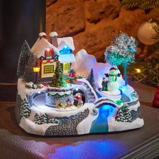 23cm Light up Christmas Santa's Village Snow Scene with Music and LEDs