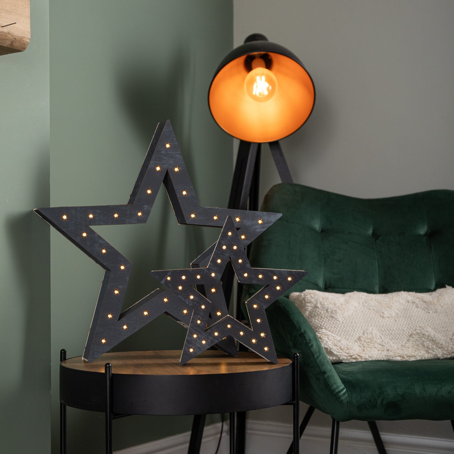 Set of 2 Battery Operated Light up Wooden Christmas Stars with 60 Warm White LEDs