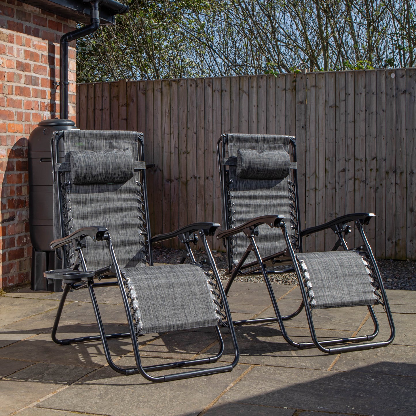 Pack of 2 Multi Position Garden Gravity Relaxer Chair Sun Loungers with Sun Canopy in Grey